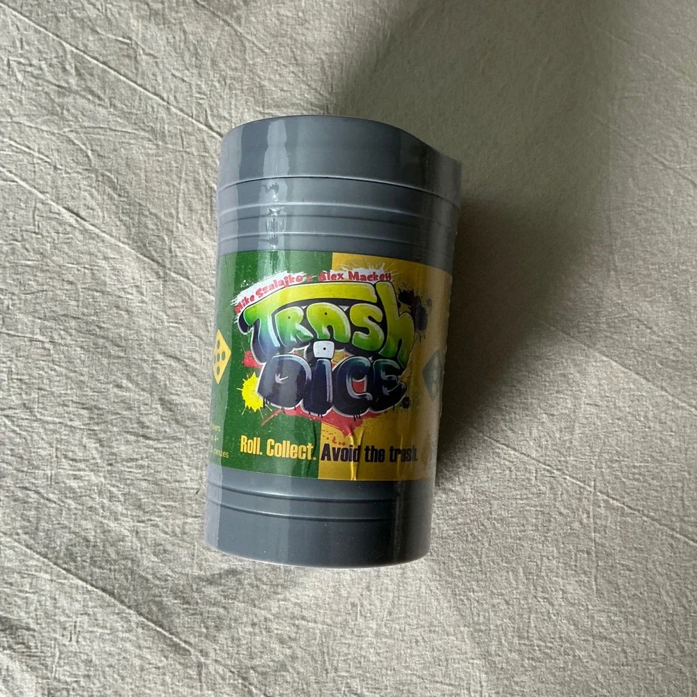 Big Discoveries Trash Dice Game Mike Szalajko Alex Mackey Complete Gray Canister